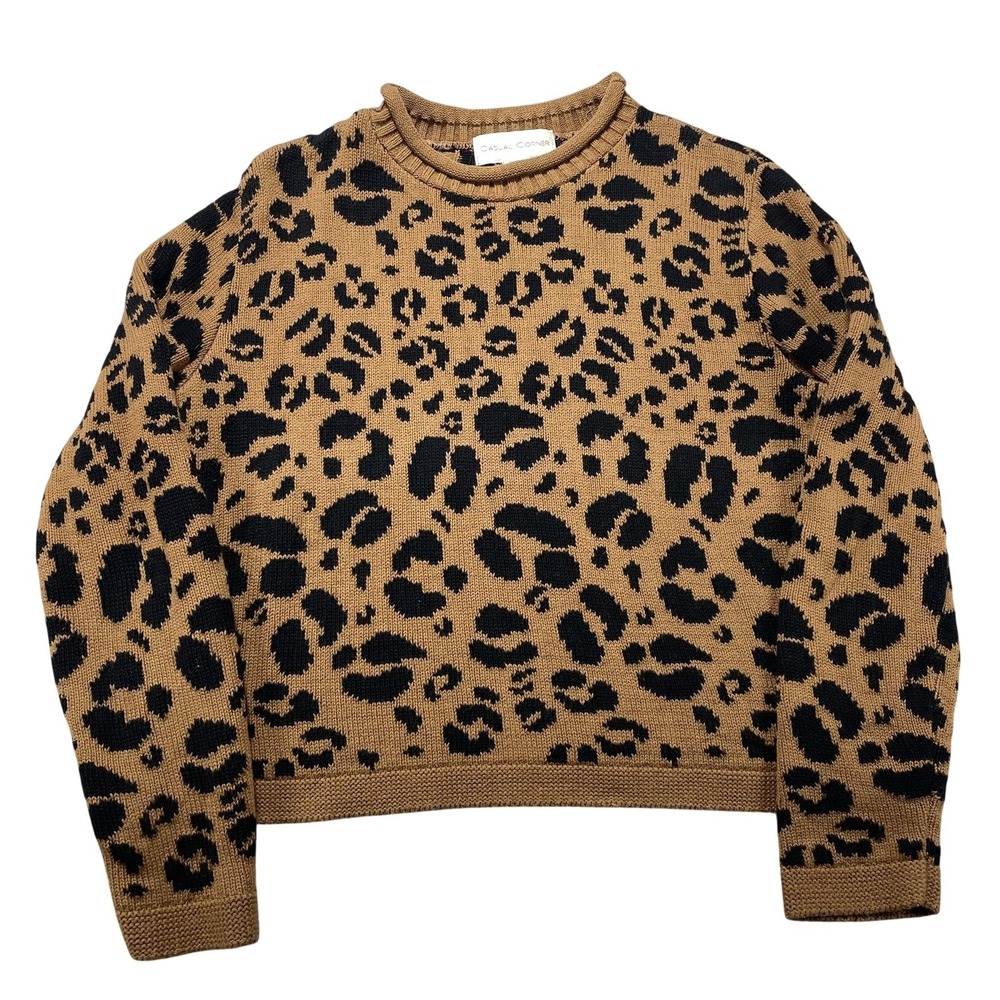 Vintage‎ Casual Corner Sweater Womens Small Brown Leopard Knit Crewneck Pullover